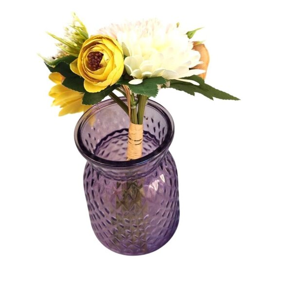 Spring Artificial Yellow & Peach Flowers In Purple Diamond Pattern Glass Vase - Picture 7 of 9